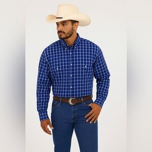 George Strait Wrangler Cowboy Cut Blue Western Plaid Button Down Shirt, Size XXL